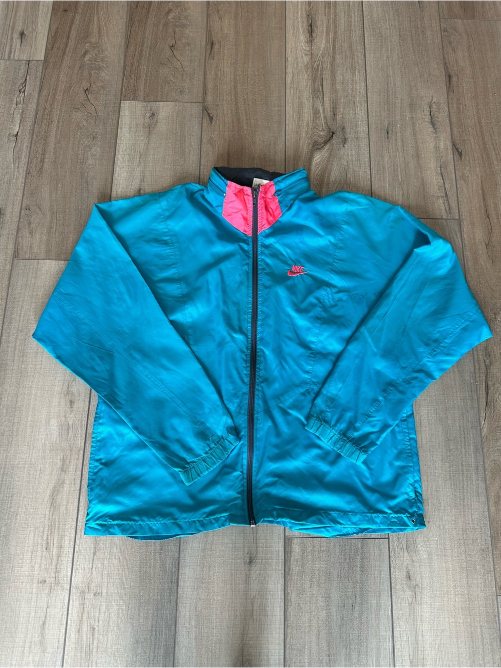 Nike Teal Windbreaker Jacket with Pink Collar Accents